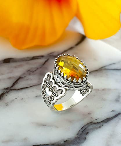 Filigranist 925 Sterling Silver Handcrafted Filigre Art Double Heart Detailed Women Cocktail Ring with Gemstones - color: Citrine
