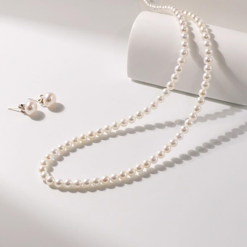 White Genuine Freshwater Cultured Pearl Necklace For Women And Men | Full Sizes from 3mm to 14mm Freshwater Pearls, AAA Grade & Above, A Love Gift Choice For Anniversaries And Birthdays - size: 4-5mm Pearl Set