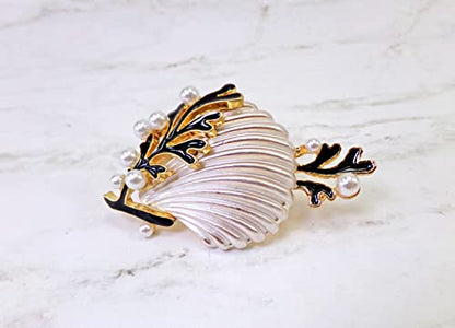 Silver Seashell Brooch Pin with Coral Enamel & Faux Pearls – Silver Plated Ocean Theme Statement Brooch, Nautical Beach Jewelry Gift for Women