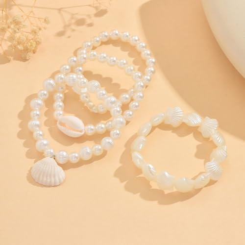 Pearl Bracelets for Women Simulated Pearl Beaded Bracelet White Pearls Stackable Stretch Bracelet Set Multilayered Elastic Pearls Bracelets for Women Bridesmaid Bridal Jewelry - color: shell