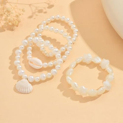 Pearl Bracelets for Women Simulated Pearl Beaded Bracelet White Pearls Stackable Stretch Bracelet Set Multilayered Elastic Pearls Bracelets for Women Bridesmaid Bridal Jewelry - color: shell