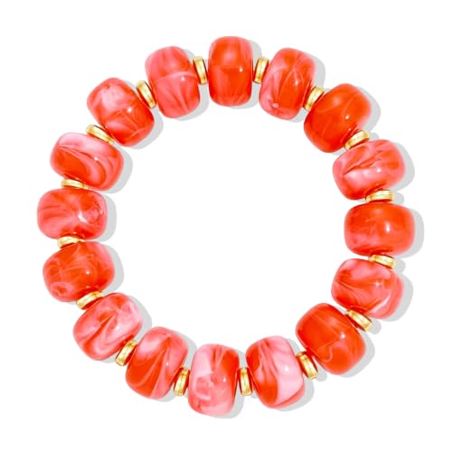 Bead Bracelet for Women Vibrant Color Resin Beads Bracelets Elastic Stretch Chunky Bracelet Boho Summer Beach Vacation Jewelry - color: Orange