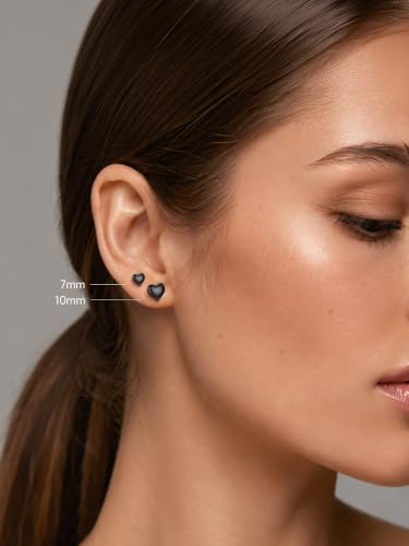 JustBeingCute Heart Stud Earrings 14K Gold Plated 925 Sterling Silver Posts | Dainty Simple Heart Earrings for Women hypoallergenic Chunky Puffy Studs Lightweight with Gift Box（7/10mm） - color: 7mm Black Stud
