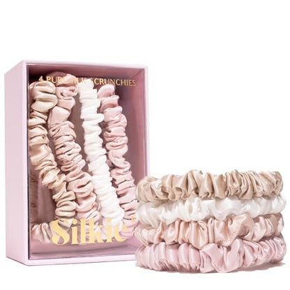 SILKIE x4 Set 100% Pure Mulberry Silk Pink Nude Neutral Skinny Scrunchies Travel Pouch Everyday Hair Ties Elastics Hair Care Ponytail Holder No Damage (Nudes) - color: Nudes