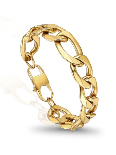 PROSTEEL Bracelets for Men, Figaro/Cuban Mens Bracelet, Silver/Gold/Black | 6/9/13mm Width, 7.5/8.3/9" Length, Stainless Steel Mens Bracelet, Durable & Non Tarnish, Chunky Jewelry with Gift Box - style: C 13mm-Figaro-Gold