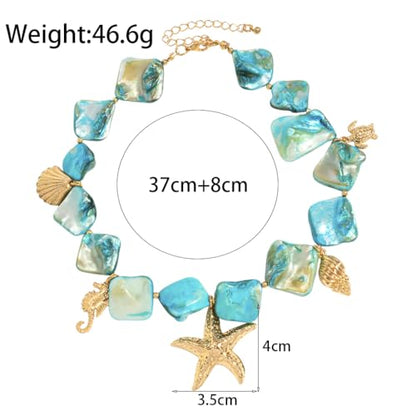Boho Chunky Shell Necklace for Women Baroque Pearl Pendant Necklaces Irregular Shell Beaded Choker Necklace Trendy Vacation Jewelry Accessories - color: Blue2