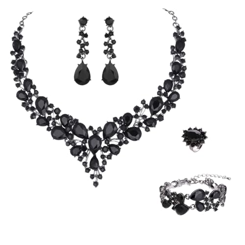 Molie Bridal Austrian Crystal Necklace and Earrings Jewelry Set Gifts fit with Wedding Dress - color: 4Pcs/Set-Black-Black Tone