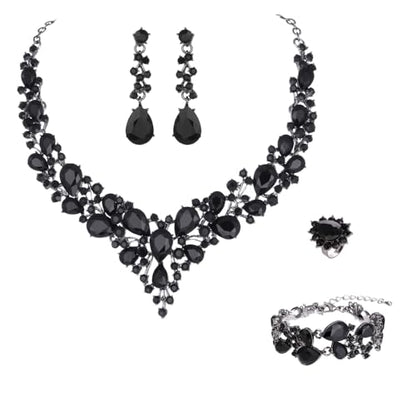 Molie Bridal Austrian Crystal Necklace and Earrings Jewelry Set Gifts fit with Wedding Dress - color: 4Pcs/Set-Black-Black Tone