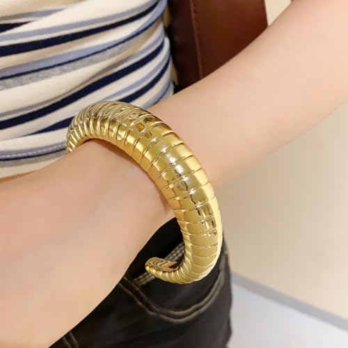 Chunky Geometric Textured Open Cuff Bangle Bracelet for Women Men Trendy Hammered Statement Cuff Bracelet Spiraled Oval Charm Cuff Bracelet Jewelry Gifts - color: Gold
