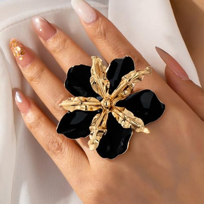 Retro Large Gold Leaves Black Red Enamel Flower Ring for Women Jewelry Gift | Bold Oil Drip Light Red Floral Irregular Petals Statement Gold Leaf Joint Finger Ring Punk Vacation Y2k Party Boho Accessory - color: Black