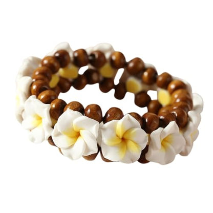Pingyongchang Boho Hawaiian Plumeria Rubra Bracelets for Women Handmade Colorful Tropical Flower Wooden Beads Stretch Bracelet Summer Beach Holiday Jewelry Gifts - color: Yellow White