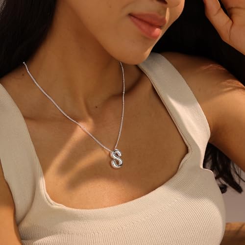 Ewrkbrㅤ Initial Necklaces for Women, 14k Gold Plated Bubble Letter Necklace Chunky Gold Necklace Dainty Charm Initial Necklaces for Women Trendy Custom Preppy Stocking Stuff Necklace Christmas Gifts - color: Silver, style: D