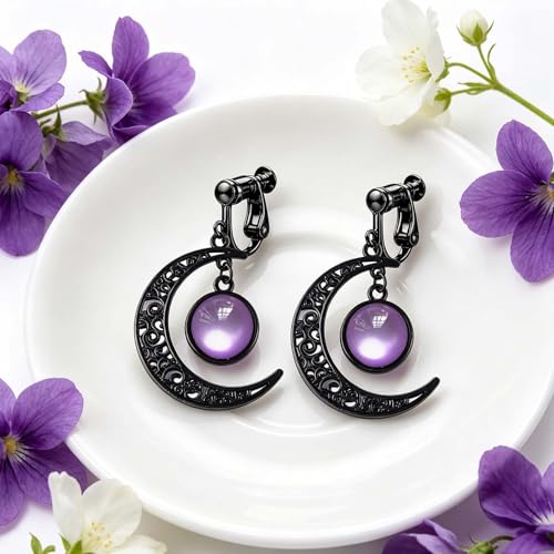 Gothic Moon Clip On Earrings for Women Black Filigree Dangle Moon Earrings Halloween Witch Earring Colorful Crystal Vampire Earring Accessories Halloween Jewelry Gifts - color: Purple