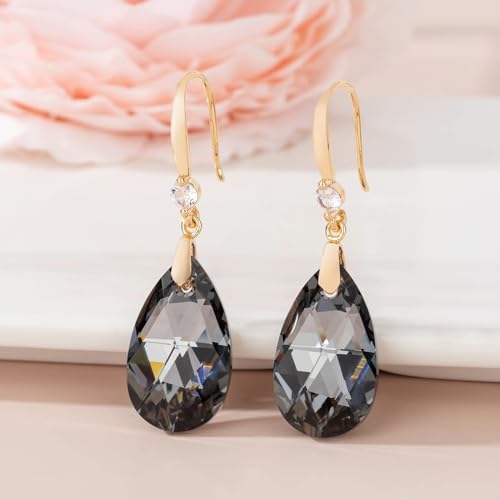 Austrian Crystal Teardrop Dangle Drop Earrings for Women 14K Gold Plated Hook Earring Hypoallergenic Jewelry Gifts for Women Girls - color: Grey-Black