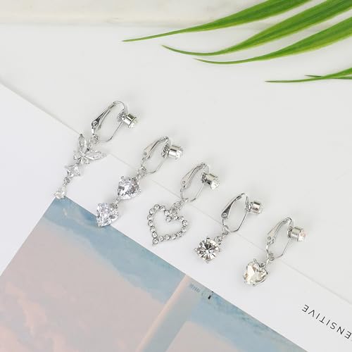 5Pcs Gold Fake Belly Piercing Fake Belly Ring for Women Fake Belly Button Piercing Clip On Belly Button Rings Fake Navel Ring Non Piercing - style: white stone-silver