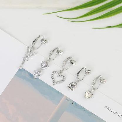 5Pcs Gold Fake Belly Piercing Fake Belly Ring for Women Fake Belly Button Piercing Clip On Belly Button Rings Fake Navel Ring Non Piercing - style: white stone-silver
