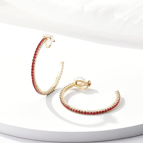 YOQUCOL 4.3CM(1.7in) Clip On Hoop Earrings Cubic Zirconia Non Pierced Ears Hoops for Women - color: Gold-Red
