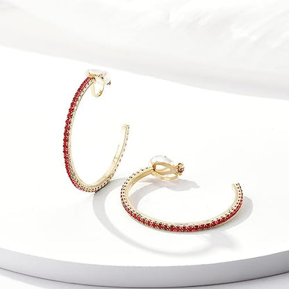 YOQUCOL 4.3CM(1.7in) Clip On Hoop Earrings Cubic Zirconia Non Pierced Ears Hoops for Women - color: Gold-Red