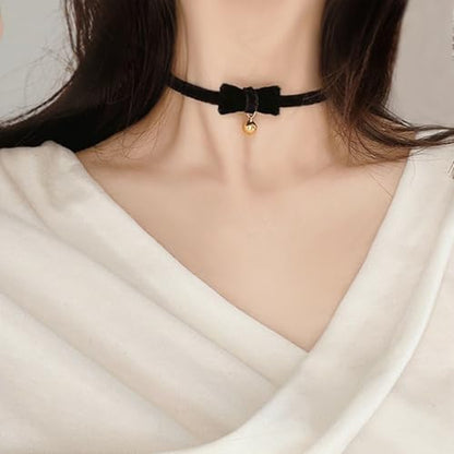 Bow Necklace for Women Dainty Velvet Ribbon Choker Necklaces Red Black Bow Choker Pearl Bell Heart Pendant Necklace Winter Holiday Necklace Cute Bow Knot Necklace for Christmas New Year Gifts - color: Gold bell