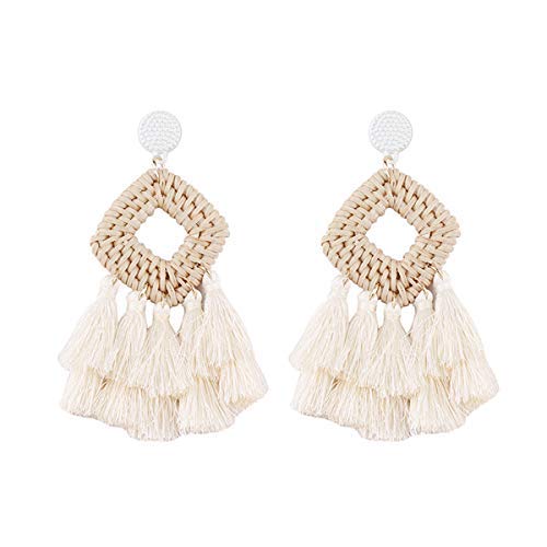 Bohemia Tassel Earrings Statement Handmade Dangle Ethnic Fringe Earrings Bamboo Weaving Geometric Square Sector Gifts for Women - color: A white