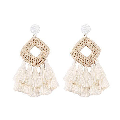 Bohemia Tassel Earrings Statement Handmade Dangle Ethnic Fringe Earrings Bamboo Weaving Geometric Square Sector Gifts for Women - color: A white