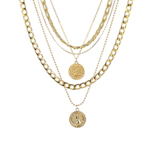 GIGB PBDK Chunky Layered Coin Pendant Necklaces for Women Gold Cuban Link Chain Statement Necklaces Punk Halloween Bachelor Party Holiday Vacation Accessory - color: Gold