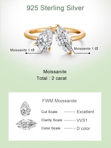 FWM 2 Carat Moissanite Toi Et Moi Open Ring for Women, Adjustable Engagement Wedding Ring, Solid Sterling Silver With Gold Plated, Anniversary Birthday Christmas Valentines Jewelry Gift - color: Yellow Gold, size: 9