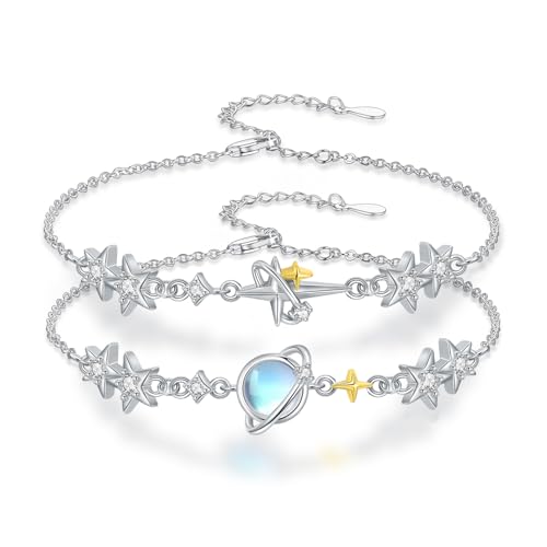 Moonstone Bracelet for Women 925 Sterling Silver Moonstone Bracelet Adjustable Jewelry Gift for Women - style: Stars and Planets Bracelet