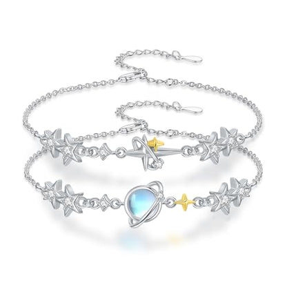 Moonstone Bracelet for Women 925 Sterling Silver Moonstone Bracelet Adjustable Jewelry Gift for Women - style: Stars and Planets Bracelet