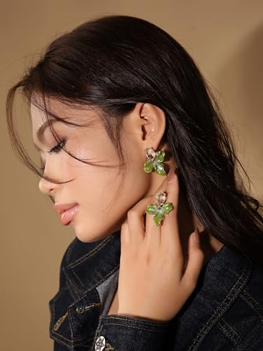 Statement Earthy Flower Dangle Earrings for Women, Elegant Floral Jewelry - color: Green