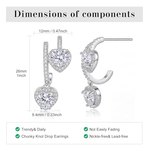 SAVORI 14K Gold Plated Heart CZ Drop Earrings for Women, 925 Sterling Silver Half Hoop Huggie Earrings with Dangling Heart Halo CZ Charm, Hypoallergenic Love Dangle Earrings, Everyday & Bridal Jewelry Gifts - color: Silver