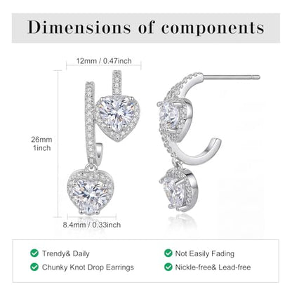 SAVORI 14K Gold Plated Heart CZ Drop Earrings for Women, 925 Sterling Silver Half Hoop Huggie Earrings with Dangling Heart Halo CZ Charm, Hypoallergenic Love Dangle Earrings, Everyday & Bridal Jewelry Gifts - color: Silver