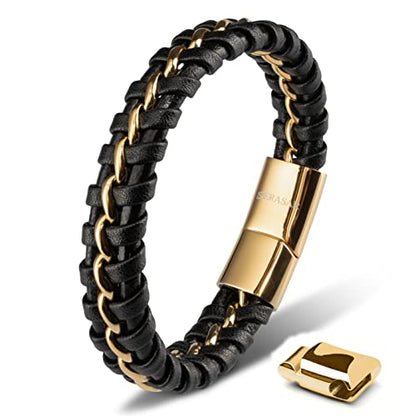 SERASAR Premium Leather Bracelet Men | Stainless Steel Magnetic Clasp | Three Colors | Jewelry Box Included - color: Gold, size: 20cm, style: Joy