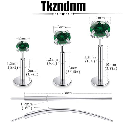 F136 Titanium 20/18/16G Earrings Nose Lip Rings Medusa Tragus Cartilage Helix Labret Flat Back Threadless Implant Grade Stud Piercing Jewelry for Women - color: Green CZ, size: 16g*6/8/10mm*2/3/4mm