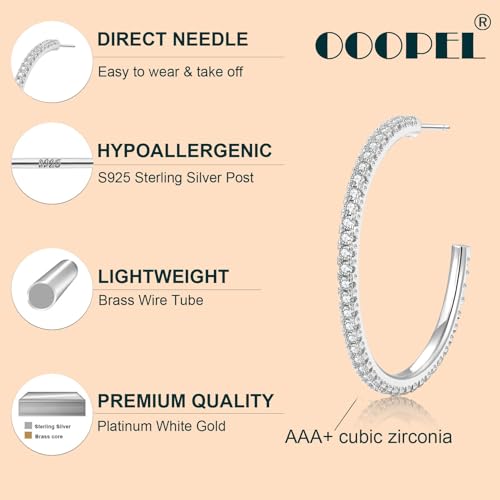 925 Sterling Silver Earrings Large Rhinestone Hoop Earrings Big Cubic Zirconia Hoop Earrings Thin Rhinestones Round Hoop Earrings for Women 20/30/40/50/60/70mm Sparkly Hoops With Crystals for Womens - color: 40mm-Silver
