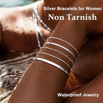 Dainty Gold Bracelet for Women Trendy Non Tarnish, Thin Bracelets Stackable Set with Bangle Cuff, Box, Herringbone, Paperclip, Figaro, Sparkling Link Chains Waterproof, Simple Jewelry Gifts for Women - color: style 01-silver