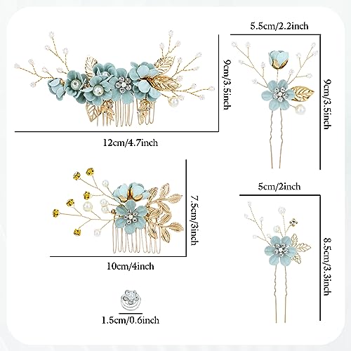 Cinaci 18 Pieces Bridal Wedding Party Prom Pearl Rhinestone Light Green Flower Hair Side Combs Slides+U-shaped Flower Hair Pins+Twist Spiral Hairpins Floral Headpieces for Brides Bridesmaids Women Gir - color: Light Green