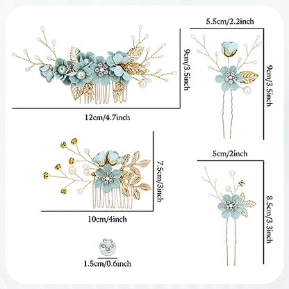 Cinaci 18 Pieces Bridal Wedding Party Prom Pearl Rhinestone Light Green Flower Hair Side Combs Slides+U-shaped Flower Hair Pins+Twist Spiral Hairpins Floral Headpieces for Brides Bridesmaids Women Gir - color: Light Green