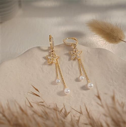 14K Gold Plated CZ Flower Dangle Earrings for Women, Sparkly Cubic Zirconia Long Tassel Drop Earrings, Bridal Wedding Jewelry - color: B:Flower Pearl Earrings