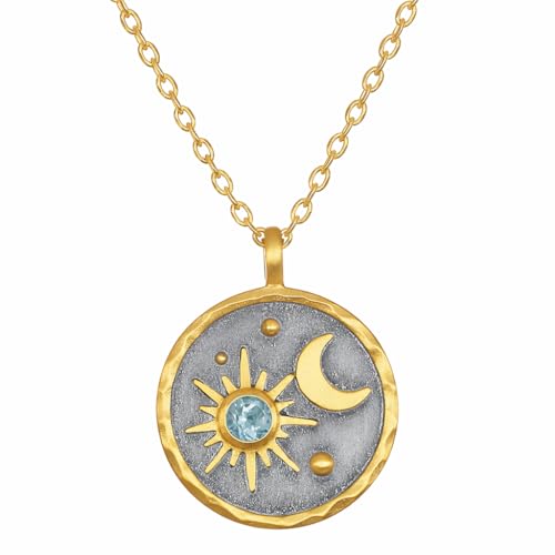 Gold Sun Moon and Stars Pendant Necklace with Birthstone Crystals as Center of Sun, Two-Tone Stainless Steel, Celestial Theme, Astrology Gift for Women, 16-20 Inch Adjustable Cable Chain - color: March Aquamarine