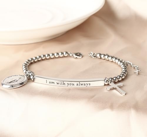 DS Inspirational Bracelet for Women Christian Engraved Bibler Verse Cross Butterfly Daisies Charm Bracelet, Exquisite Stainless Steel Jewelry Daughter Best Friend Bestie - style: I am with you always-Silver