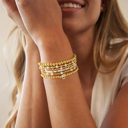 18K Gold Plated Beaded Stretch Initial Bracelet for Women Gifts | Dainty 6PCS Initial A-Z Letter Beaded Stackable Bracelets Set, Waterproof 7 Inch Stretch Elastic, Jewelry Gifts for Women Her - style: F