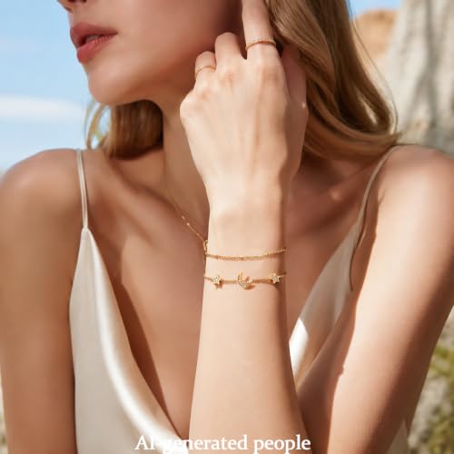 16K Gold Plated Bracelets Set for Women - Dainty Layered Adjustable Hand Chain Bracelet with Cubic Zirconia, Cute Jewelry Gift for Her, Waterproof Hypoallergenic - color: Moon and Star