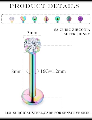 16G Flat Back Earrings Nose Studs 316L Surgical Steel Medusa Labret Monroe Lip Ring Tragus Forward Helix Conch Cartilage Lobe Earrings Stud Piercing Jewelry For Women Men 8MM Bar Length - color: Rainbow