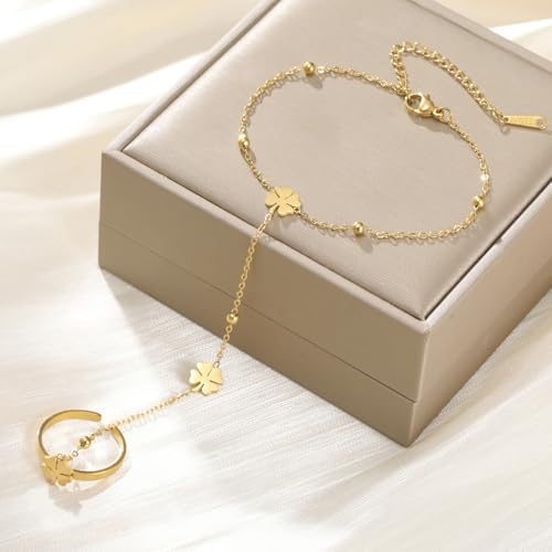 UNIFT Hand Chain Bracelets for Women Set Stainless Steel Adjustable Heart or Four-Leaf Clover Ring Chain Bracelet Trendy Dainty Jewelry Set Gifts - color: gold2