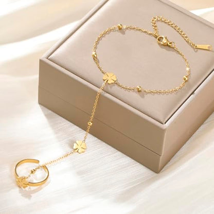 UNIFT Hand Chain Bracelets for Women Set Stainless Steel Adjustable Heart or Four-Leaf Clover Ring Chain Bracelet Trendy Dainty Jewelry Set Gifts - color: gold2