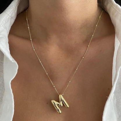 Gold Bubble Initial Necklace for Women Balloon Letter Necklace 18K Gold Plated Dainty Alphabet Pendant Puffy Name Personal Necklace - color: M