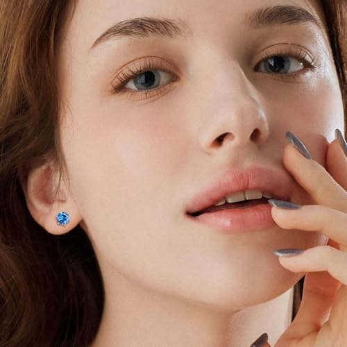 DAYBYDAY 925 Sterling Silver Birthstone Earrings for Women, Crystal Stud Earrings, 6.5mm Round Cut Solitaire Gemstone Earrings Birthday Jewelry - style: Round Cut-12. Dec/created blue topaz