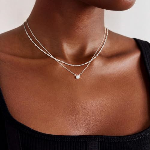 Layered Gold Necklace Set for Women Dainty Waterproof Cute Choker | 14K Gold Plated Minimalist Non Tarnish Lightweight CZ Pendant Pearl Twist Paperclip Chain Jewelry Gifts - style: 2PCS-Dotchain zircon-SL