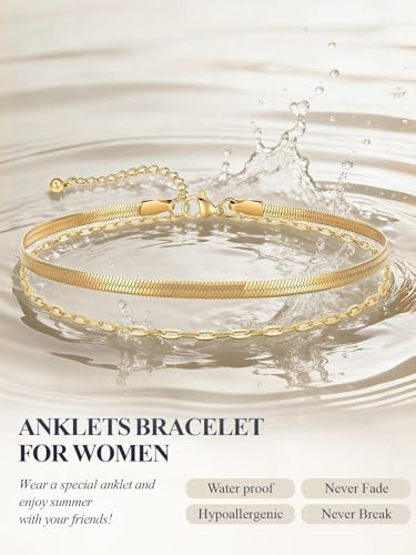 U7 Silver/Gold/Black Ankle Bracelets for Women Layered Chain Anklets | Stainless Steel Anklets Waterproof Summer Beach Anklet Charm, Adjustable 8.5"-10.5",Layered Anklet Fashion - color: Gold - Flat Snake Chain+Paperclip Chain